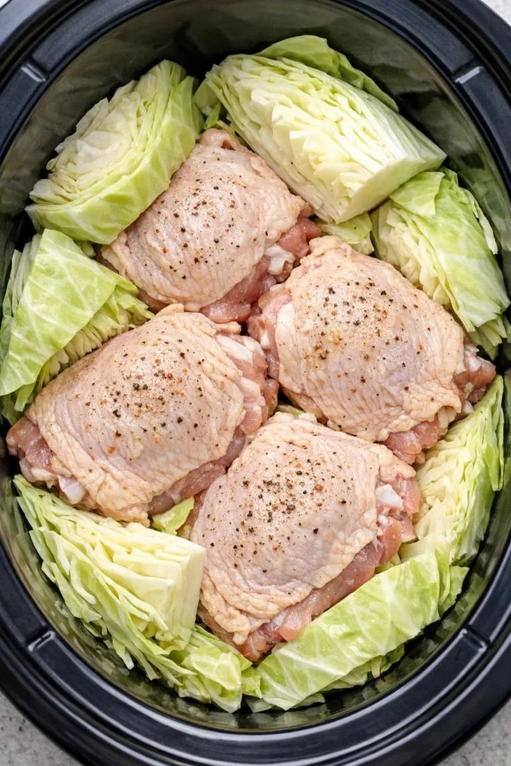 Dish of slow cooker buttered cabbage and chicken, ready to serve