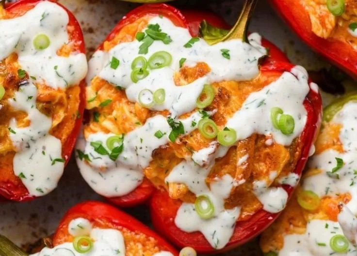Buffalo Chicken Stuffed Peppers on a plate garnished with herbs