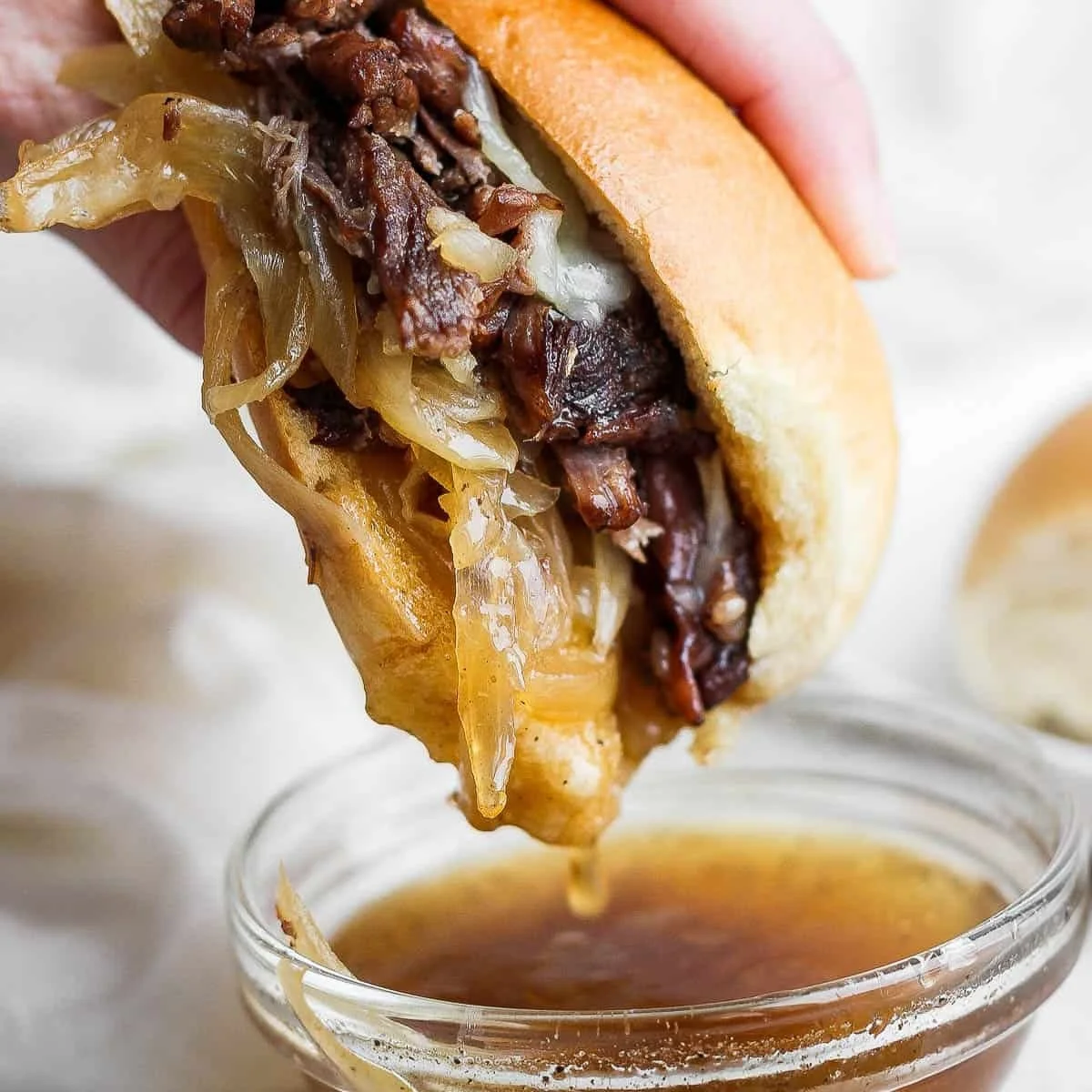 Classic French Dip Sandwich made with roast beef and served with au jus
