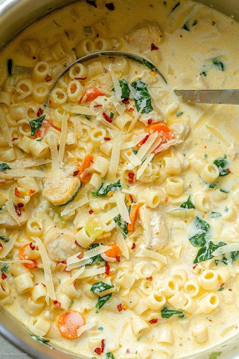 Creamy chicken pasta soup with carrots and spinach in a bowl