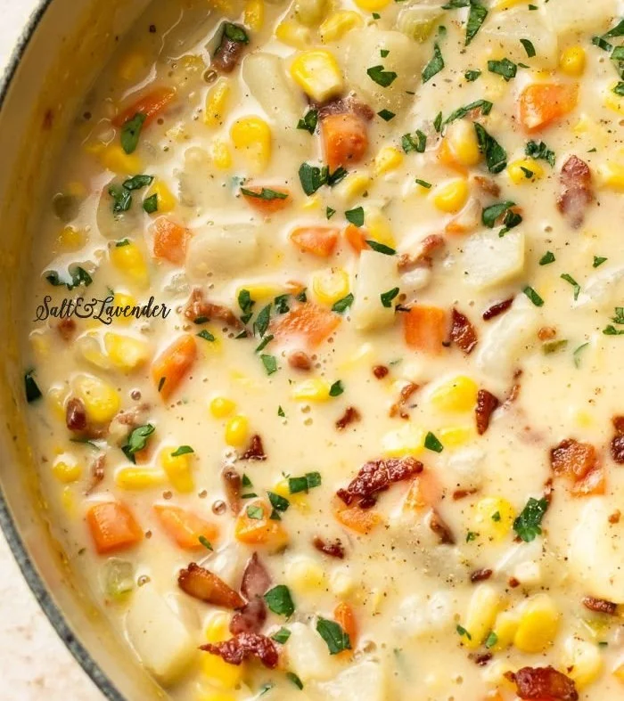 Delicious creamy corn chowder in a bowl with fresh herbs and vegetables