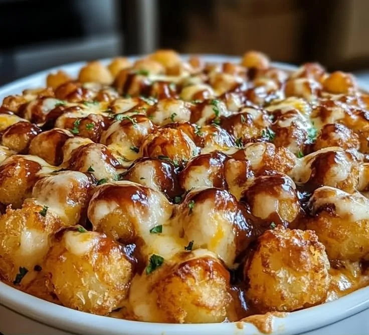 Easy BBQ Chicken Tater Tot Casserole dish ready to serve