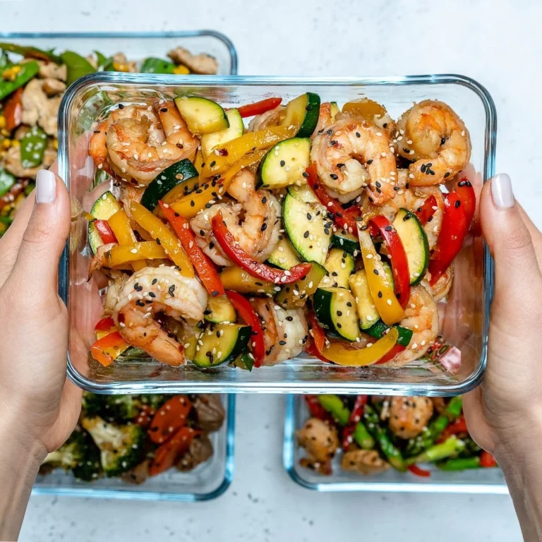 Colorful shrimp stir-fry with vegetables in a skillet