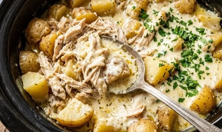 Delicious Garlic Parmesan Crockpot Chicken served in a creamy sauce.
