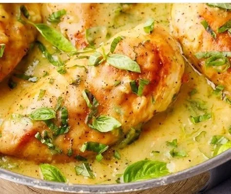 Delicious Lemon Basil Chicken garnished with fresh herbs