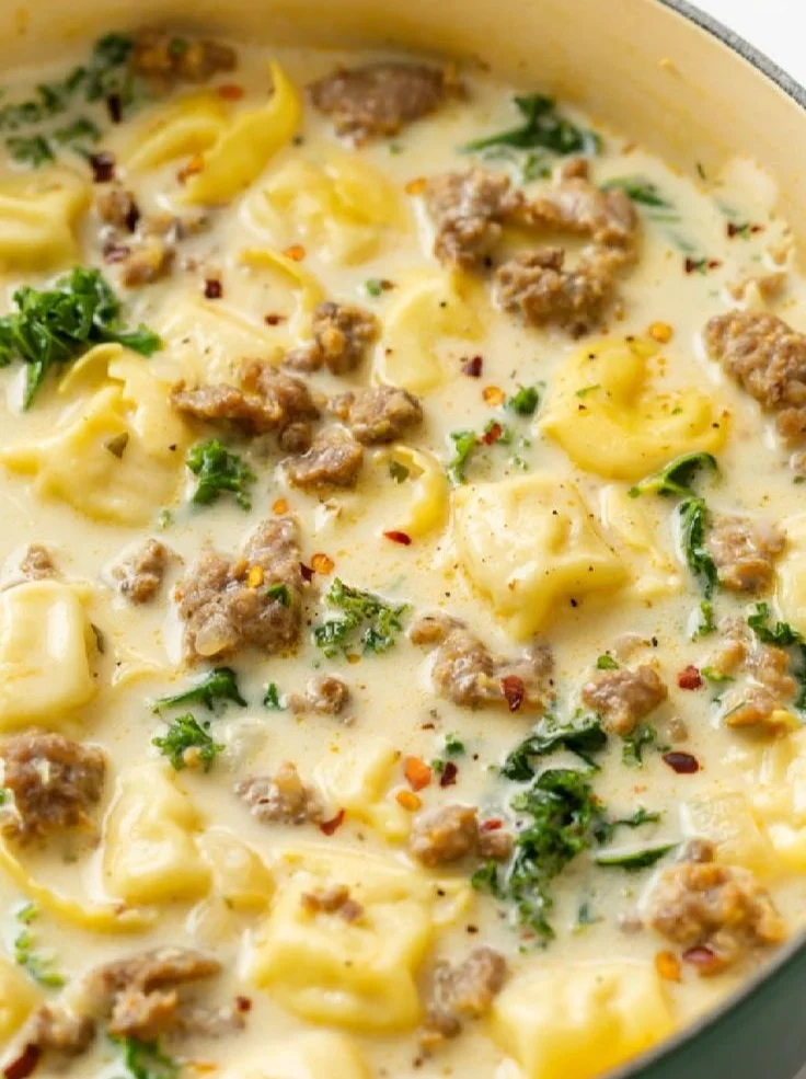 Bowl of Sausage Tortellini Soup garnished with herbs