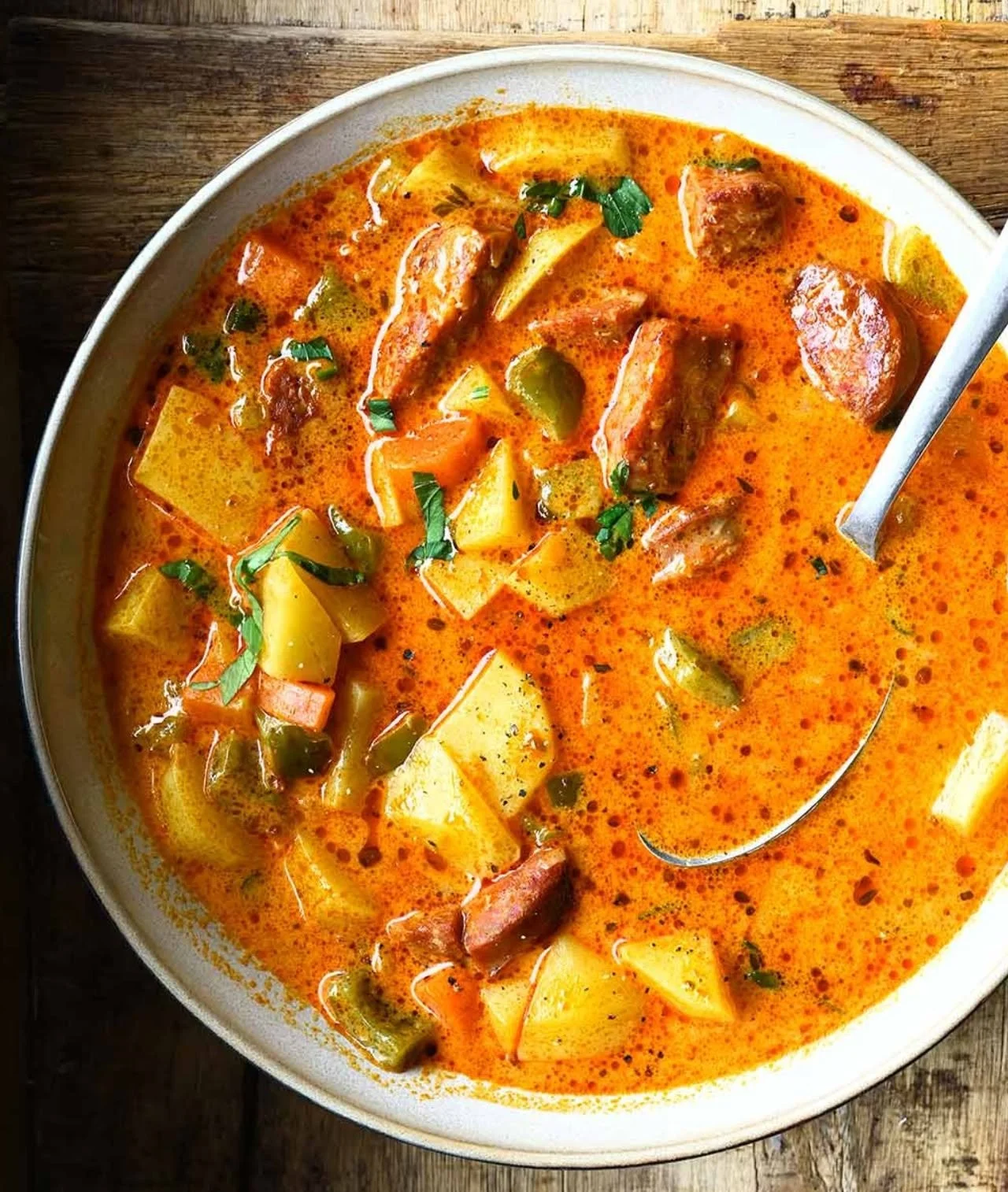 Bowl of Spanish-Style Chorizo Potato Soup with potatoes and chorizo sausage.