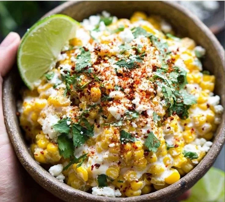 Delicious spicy Mexican street corn topped with lime and cheese