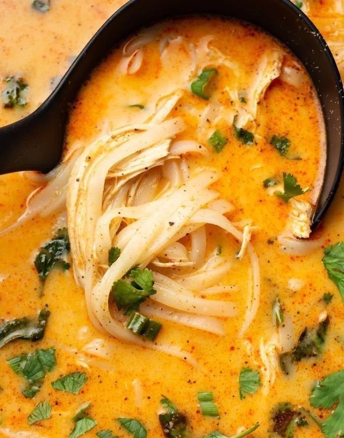Bowl of flavorful Thai Chicken Soup with herbs and spices