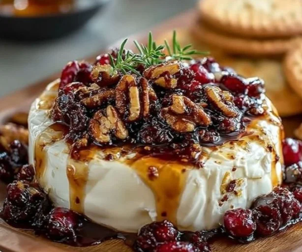 Melted Baked Brie topped with nuts and honey, served with crackers.