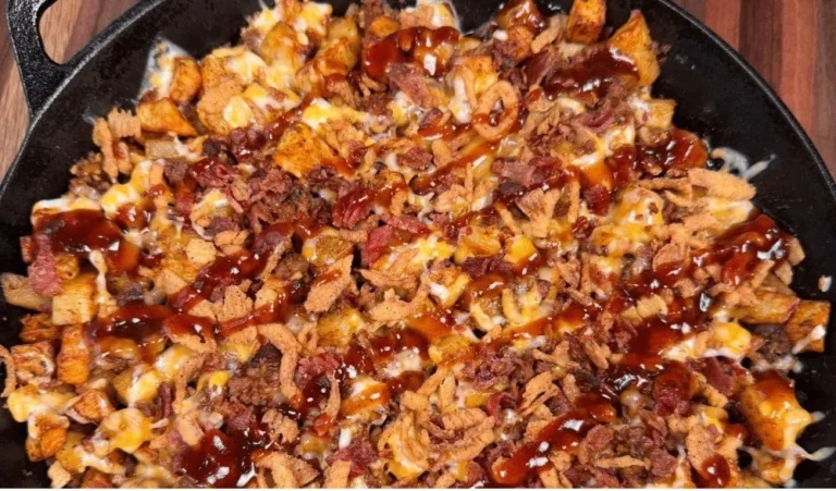 BBQ cheeseburger potato skillet with melted cheese and garnishes