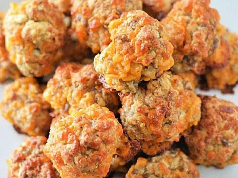 Plate of golden Bisquick sausage balls ready to be served