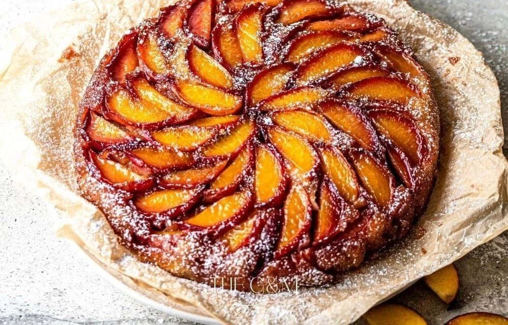 Bourbon Peach Upside Down Cake with caramelized peaches and bourbon glaze