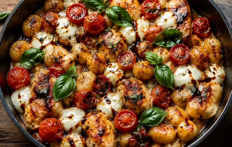 Caprese Chicken Gnocchi skillet served with fresh basil and mozzarella