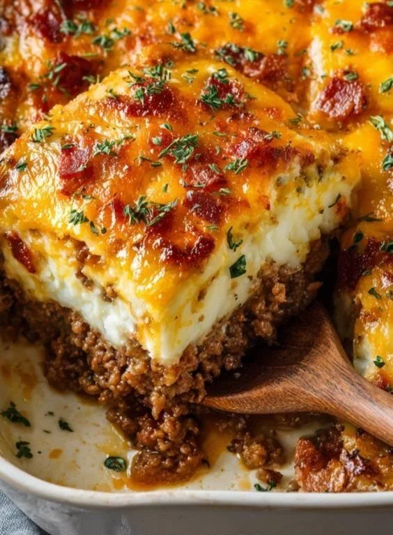 Cheesy meatloaf with mashed potatoes served on a plate
