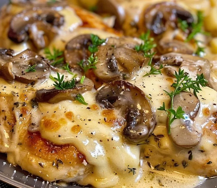 Creamy Chicken and Mushroom Pasta with herbs and parmesan cheese