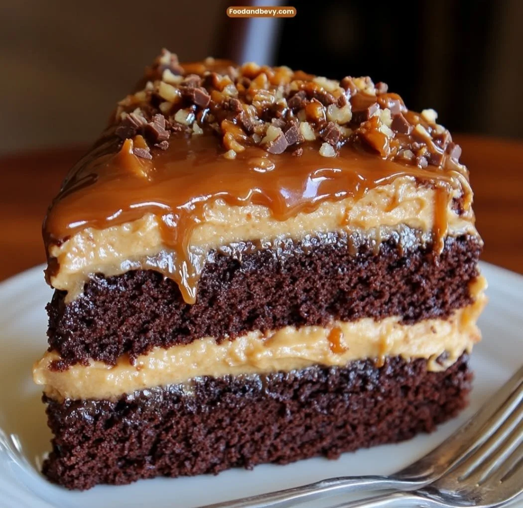 Delicious chocolate cake with caramel, toffee, and crunchy toppings