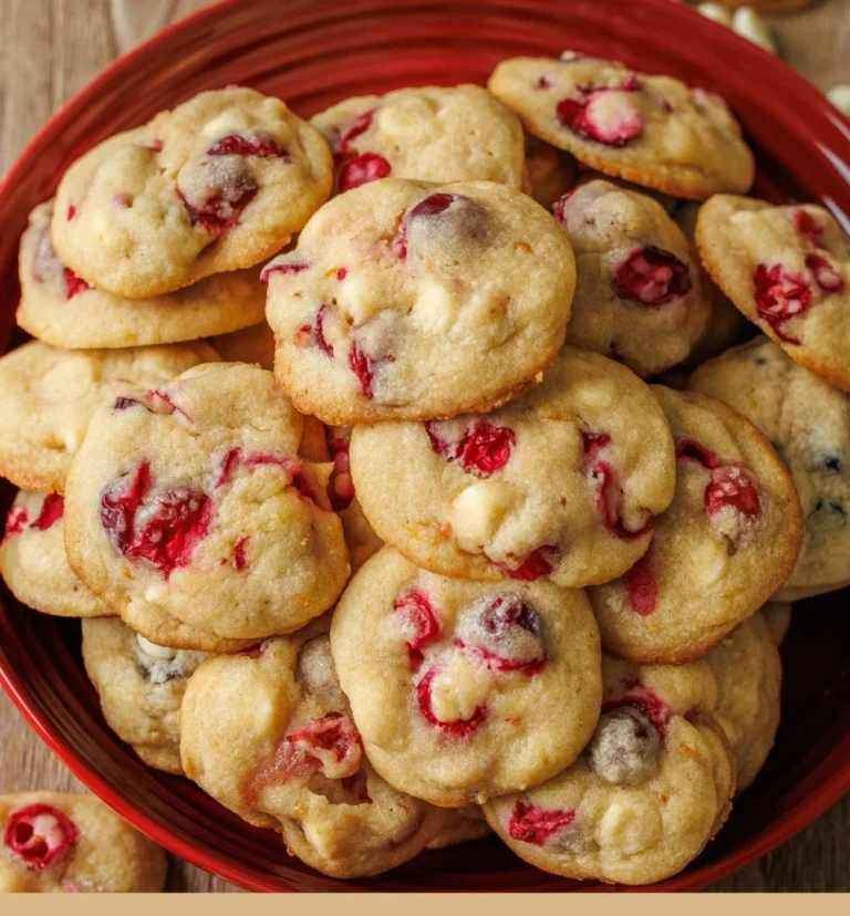 Freshly baked cookies with white chocolate and cranberries on a cooling rack