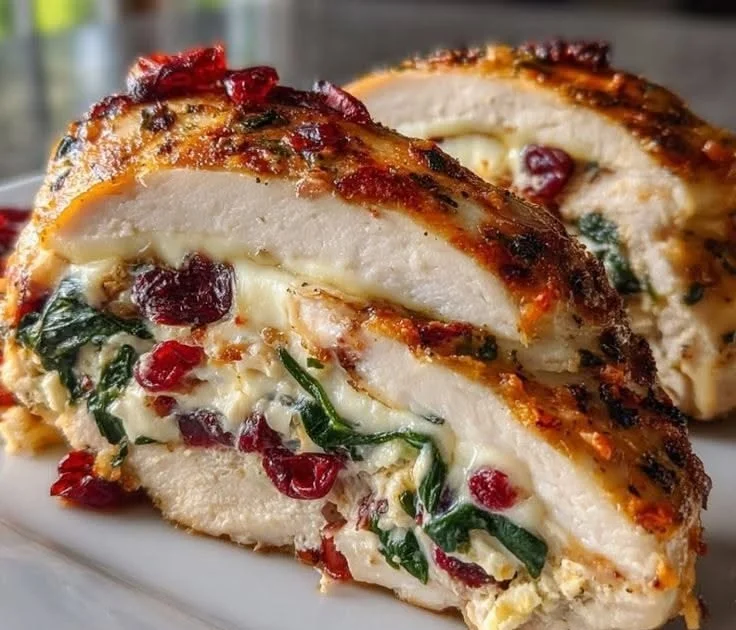 Cranberry spinach stuffed chicken breasts featuring creamy brie cheese.