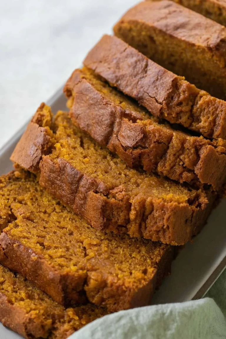 Slice of delicious moist pumpkin bread with spices and nuts