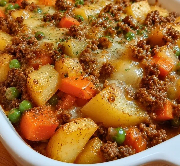 Easy Cheesy Hobo Casserole with Ground Beef and Potatoes in a baking dish