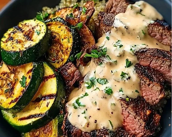 Grilled steak bowl with creamy sauce and zucchini served in a vibrant dish.