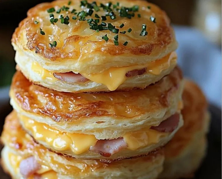 Freshly baked Ham and Cheese Butter Biscuits on a wooden table