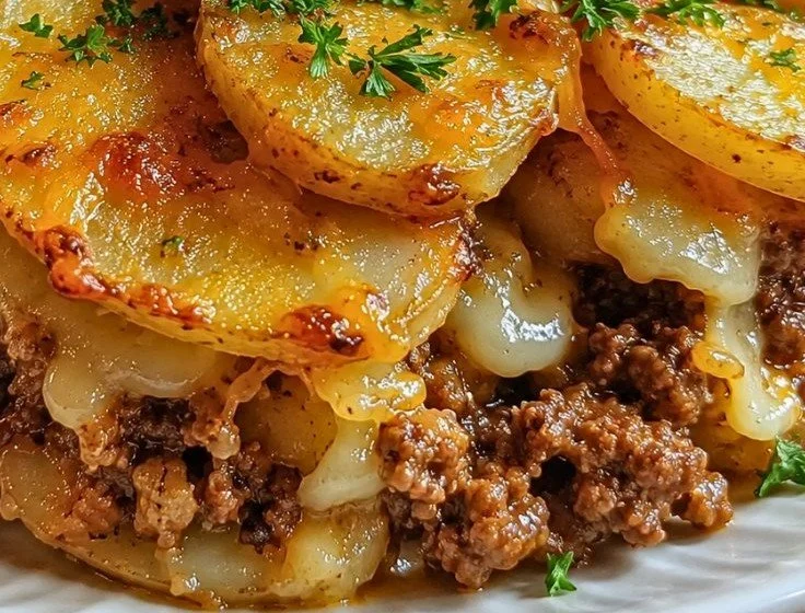 Healthy beef and potato bake dish served on a plate