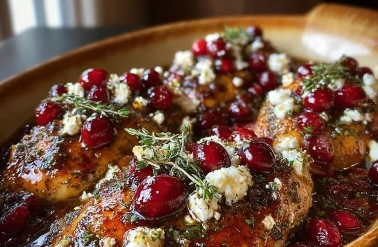Honey Cranberry Chicken Bake with Feta Cheese in a serving dish