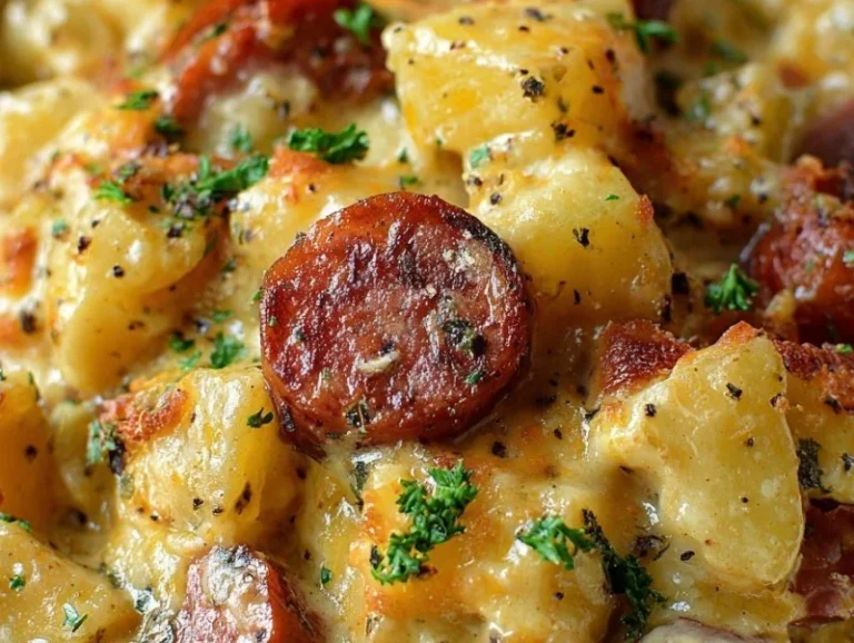 Delicious kielbasa sausage cheesy potato casserole ready to serve.