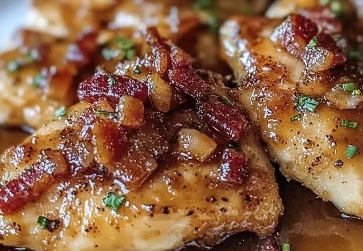 Delicious Maple Garlic Bacon Chicken served on a platter with herbs.