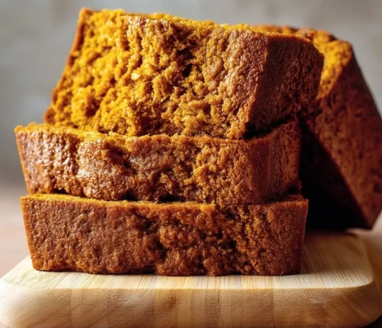 Slice of moist pumpkin bread on a rustic wooden table