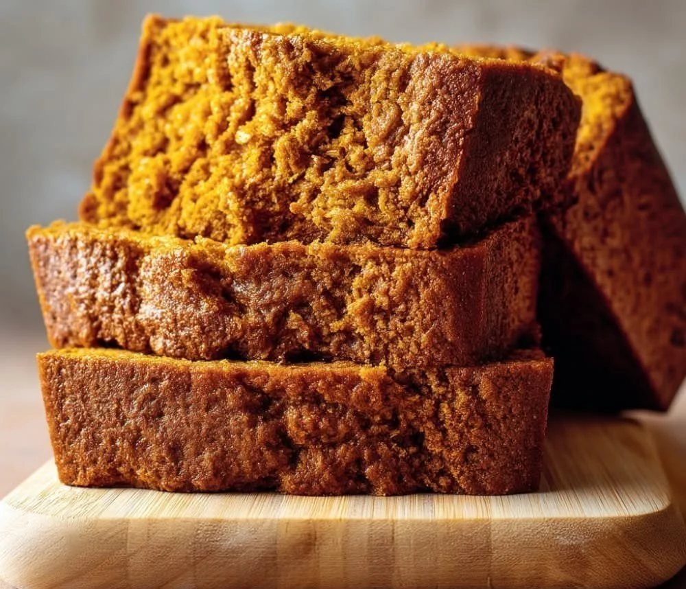 Slice of moist pumpkin bread on a rustic wooden table