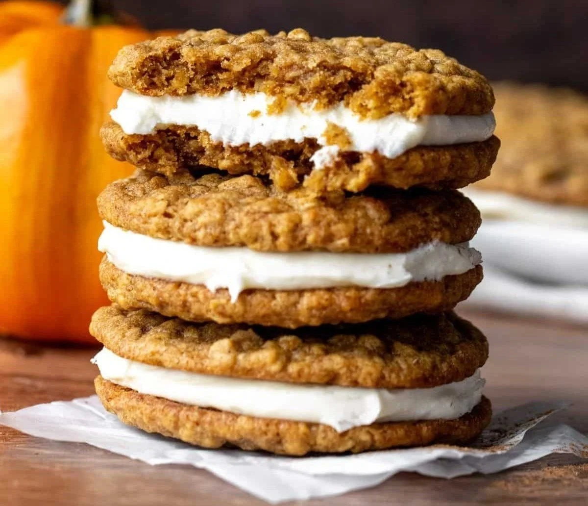 Delicious Pumpkin Oatmeal Cream Pies with creamy filling
