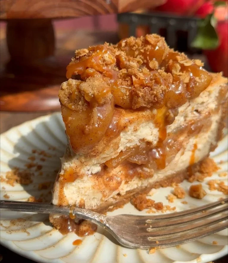 Delicious Salted Caramel Apple Pie Cheesecake served on a plate