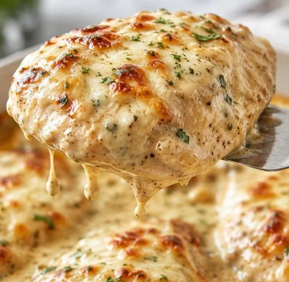 Smothered sour cream chicken with a creamy sauce served on a plate