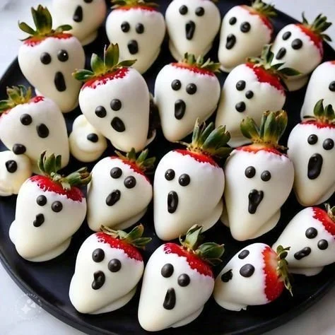 A platter of spooky Halloween snacks for a movie night, featuring themed treats.