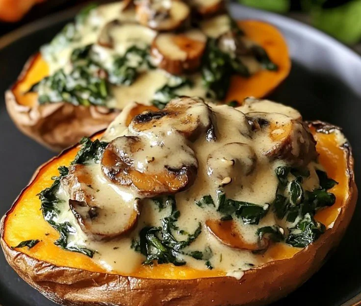 Stuffed sweet potatoes with spinach and mushrooms on a plate