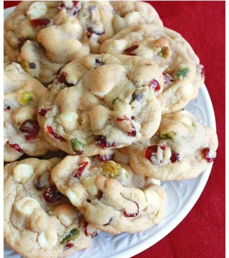 White chocolate cranberry pistachio cookies fresh out of the oven